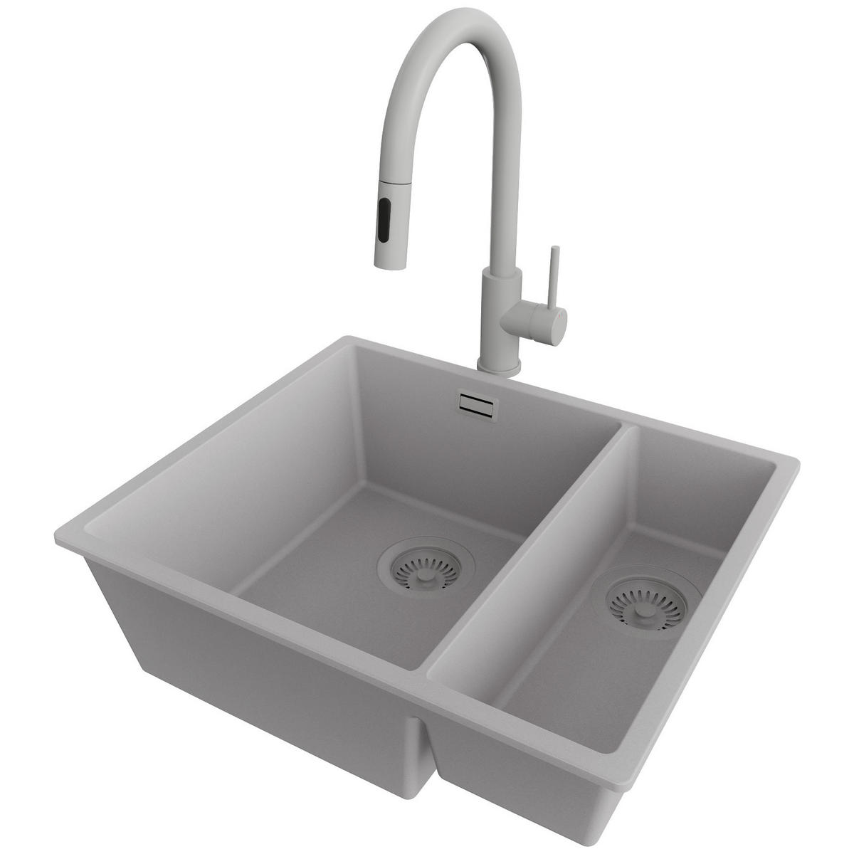 GRANITSPÜLE London Slim Duo, 2-er set Grau 56/47 cm 1,5 Becken + Küchenarmatur 40/20 cm + Ablauf-Set ab 60er Unterschrank - Grau, Kunststoff (56/20/47cm) - Primagran