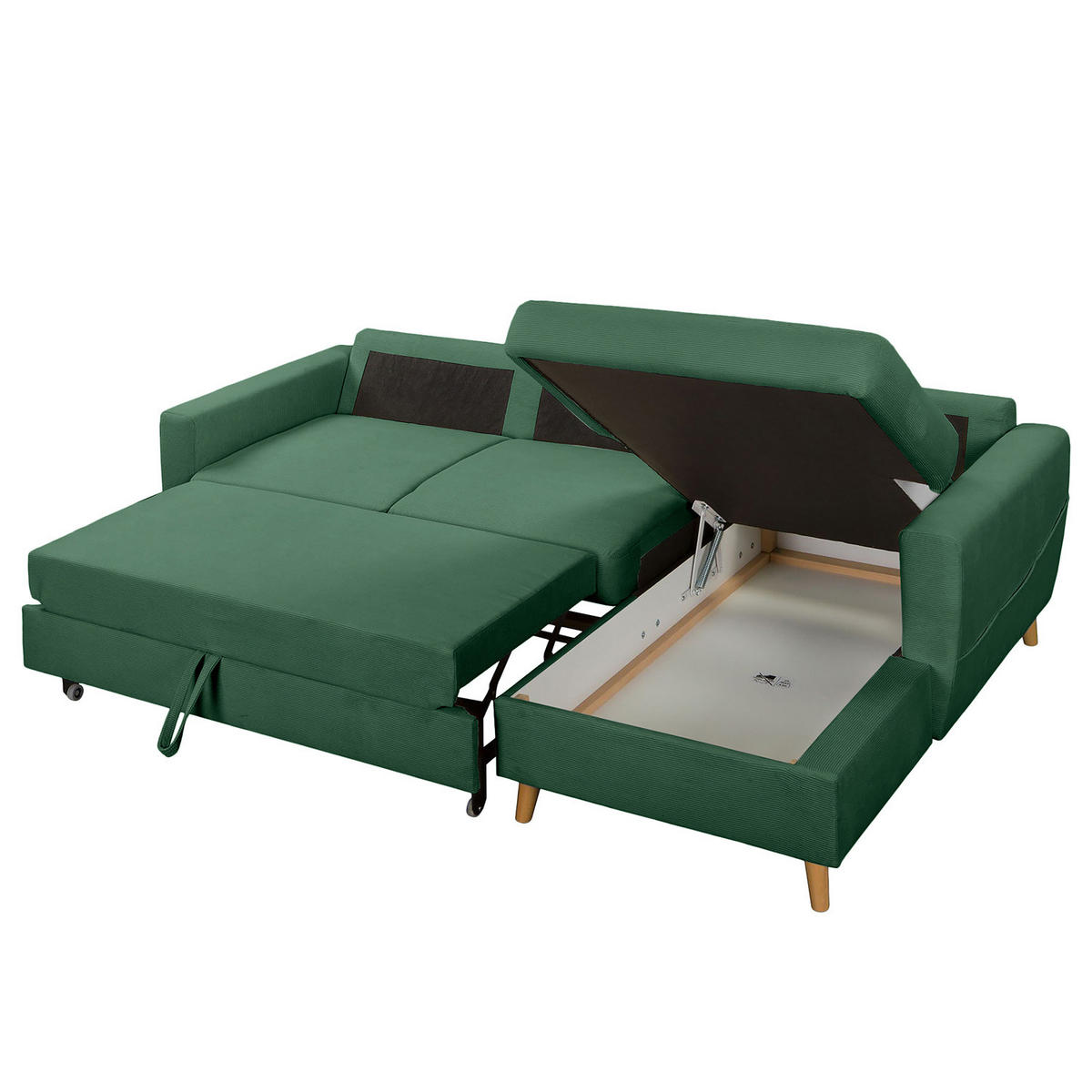ECKSOFA mit Longchair - Waldgrün/Braun, Holz/Textil (223/148cm) - home24