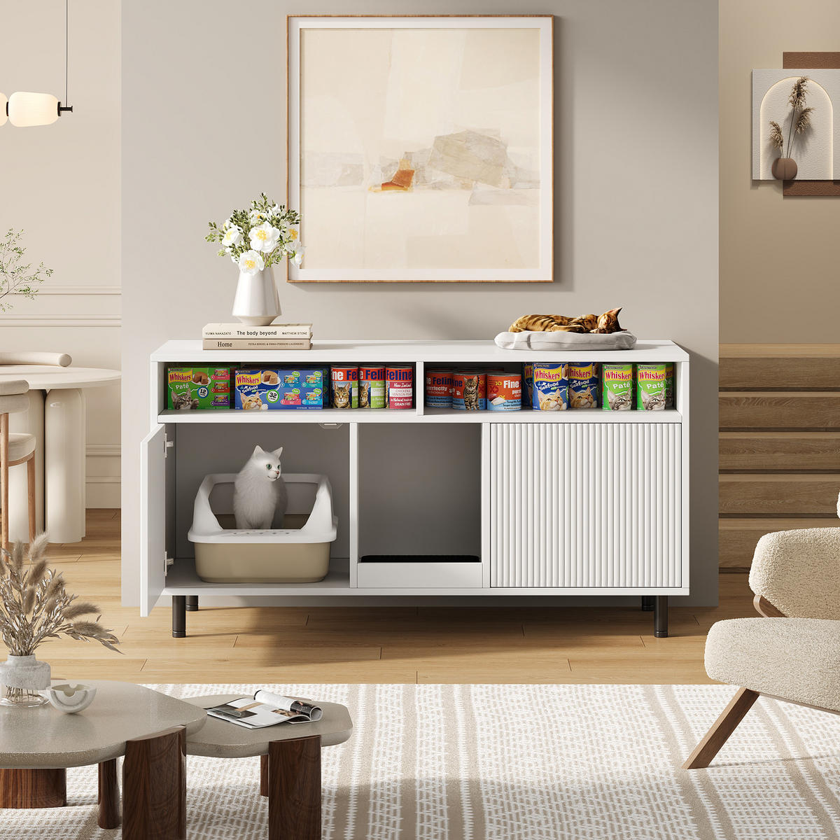 SIDEBOARD in Weiß Katzentoiletten-Schrank mit Sandauffangmatte und Lagerbereich für Wohnzimmer, B120/T50/H66cm - Walnussfarben/Weiß, Holzwerkstoff/Metall (120/66/50cm) - STILVORA