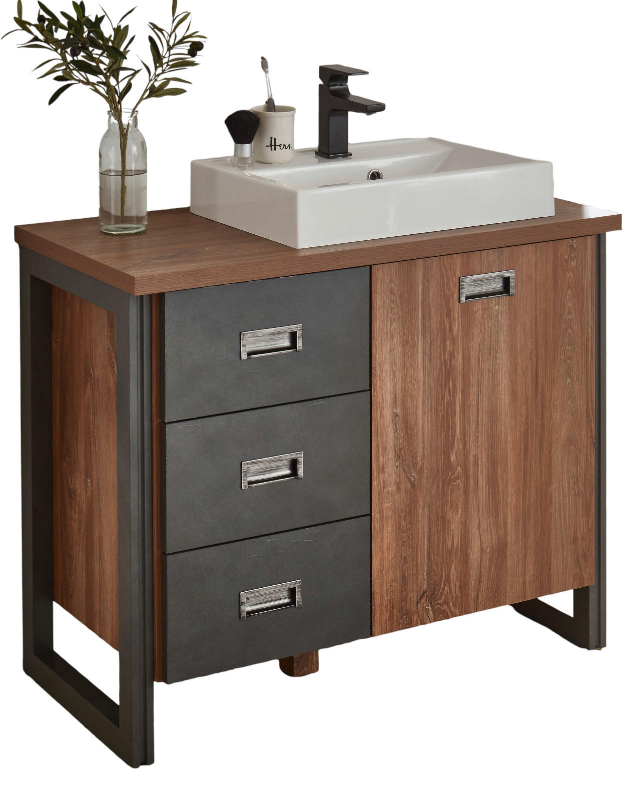 Furn.Design Waschbeckenunterschrank Eiche, Grau 91x85x40 cm