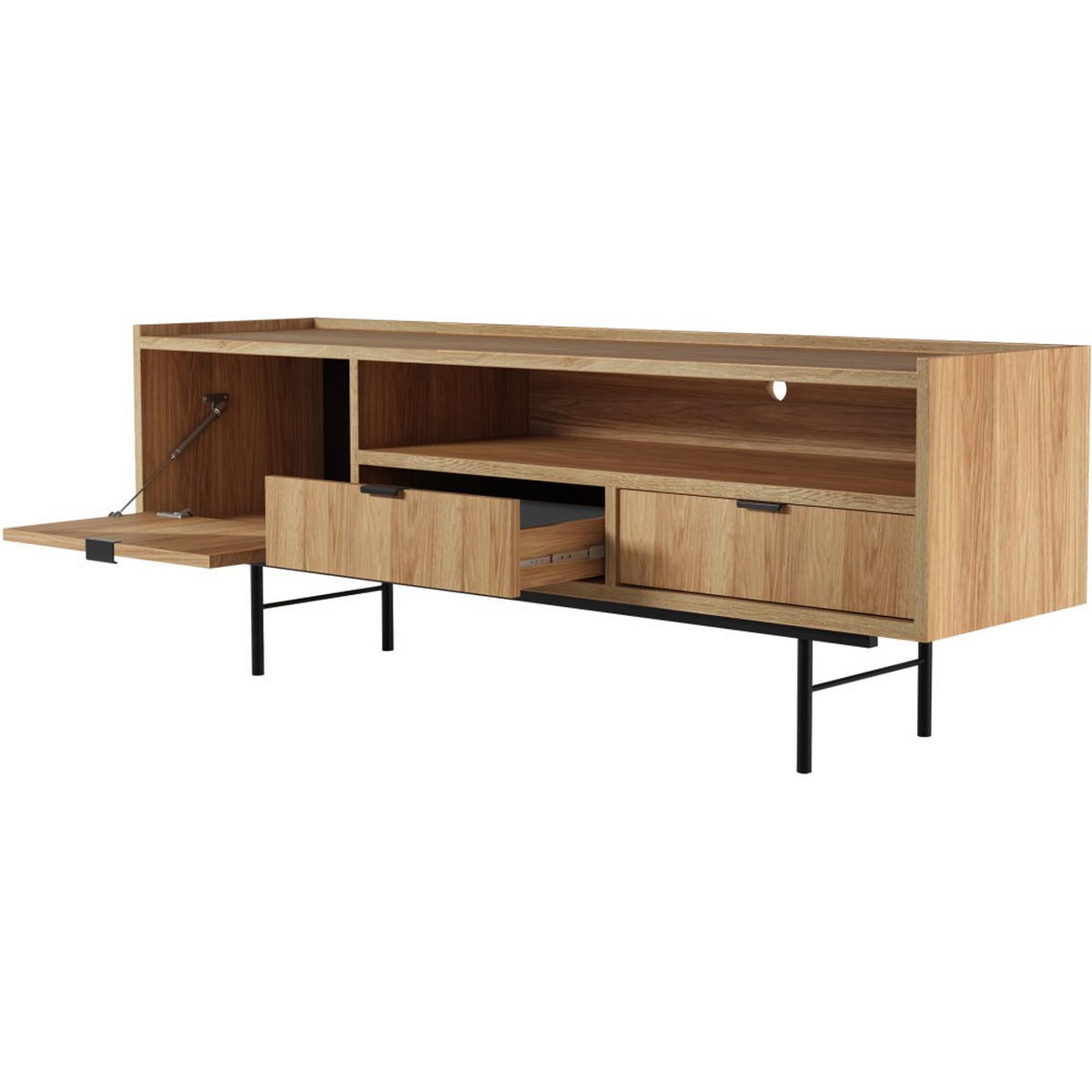 LOWBOARD Evron mit 2 Schubalden und 1 Tür, Walnuss - Eichefarben/Schwarz, Holzwerkstoff/Metall (150/55/40cm) - Beautysofa