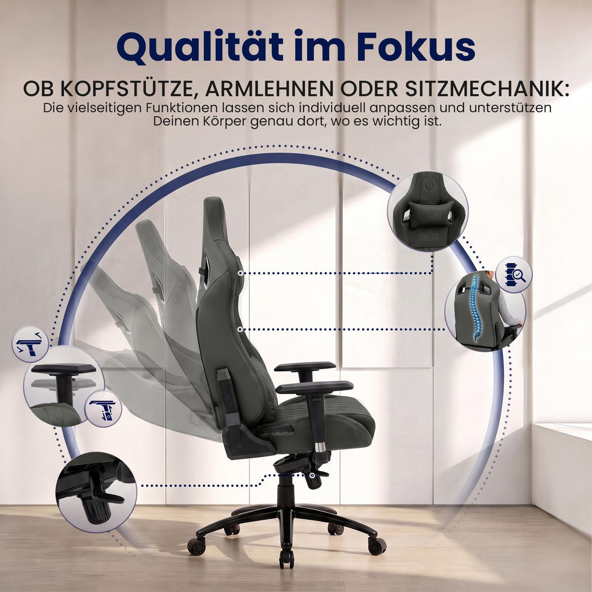 GAMINGSTUHL Echtleder grau - Schwarz/Grau, Leder/Metall (70/133/64cm) - CLP