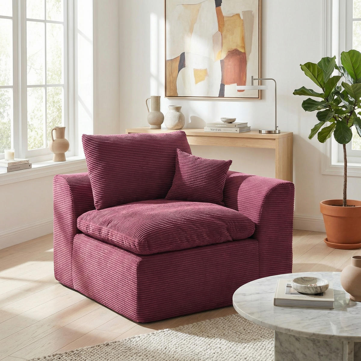 SESSEL Cord-Sofa mit Federkern-Polsterung und Kissen, Montagefrei - Dunkelrot, Textil (101/84/102cm) - Urban Meuble