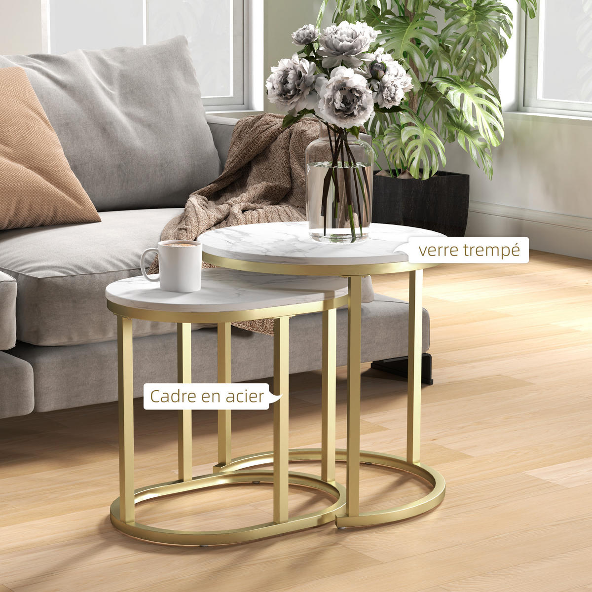 COUCHTISCH DE-15773 2er-Set nestbar mit Marmoroptik Gold - Goldfarben, Metall (50/50/50.5cm) - ComfortXL
