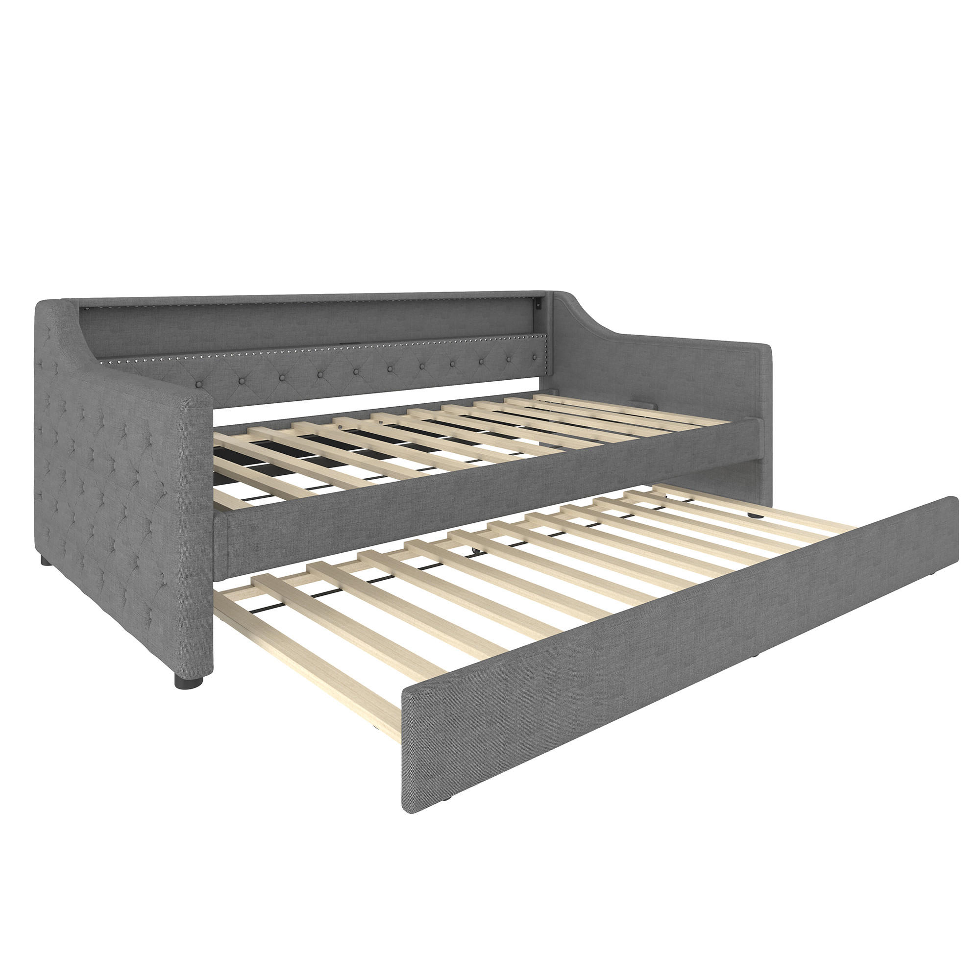 TAGEBETT 90x200cm Grau Leinen LED-Licht Ausziehbett USB - Grau, Holz (90/200cm) - FLIEKS