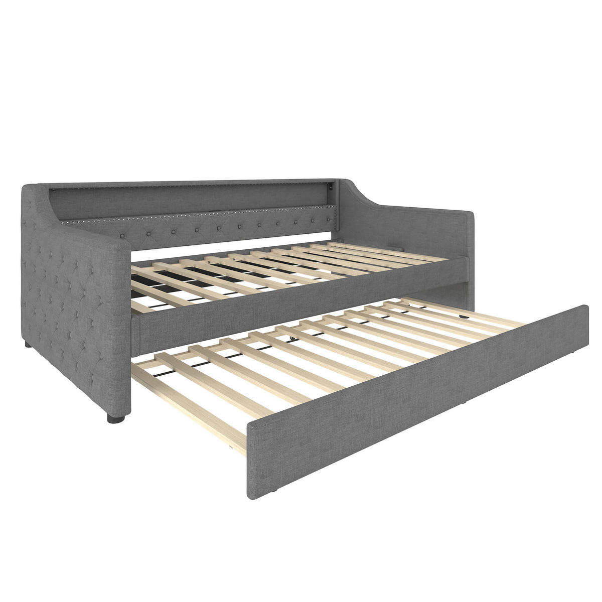 TAGEBETT 90x200cm Grau Leinen LED-Licht Ausziehbett USB - Grau, Holz (90/200cm) - FLIEKS