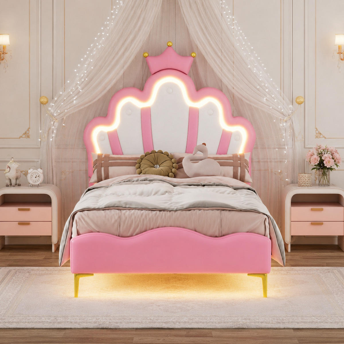 KINDERBETT 90/200 Rosa LED Polsterbett Prinzessin - Rosa, Metall (90/200cm) - Joyfair