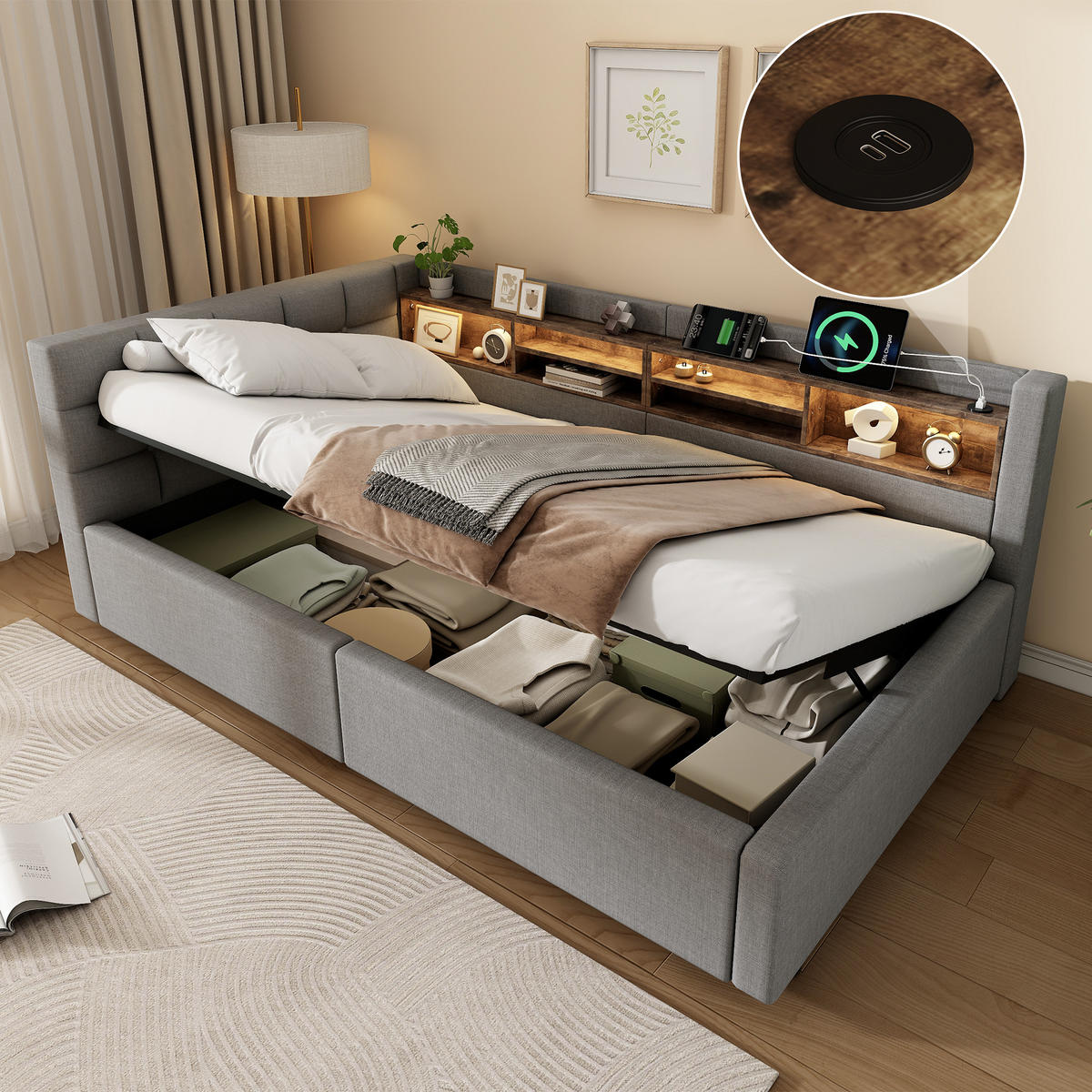 DENNÍ POSTEL 90x200cm Pohovka Úložná LED USB Šedá - šedá, přírodní materiály (90/200cm) - FLIEKS