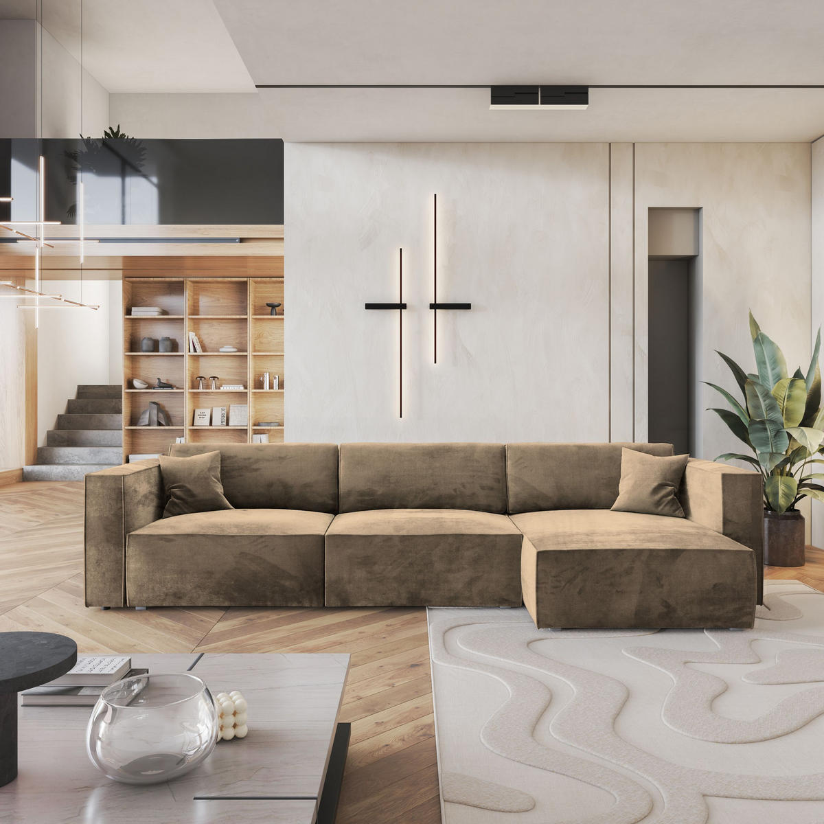 ECKSOFA TOLMO M Beige Velours-Stoff mit Schlaffunktion - Beige/Grau, Holz/Kunststoff (347/148cm) - MASSENO