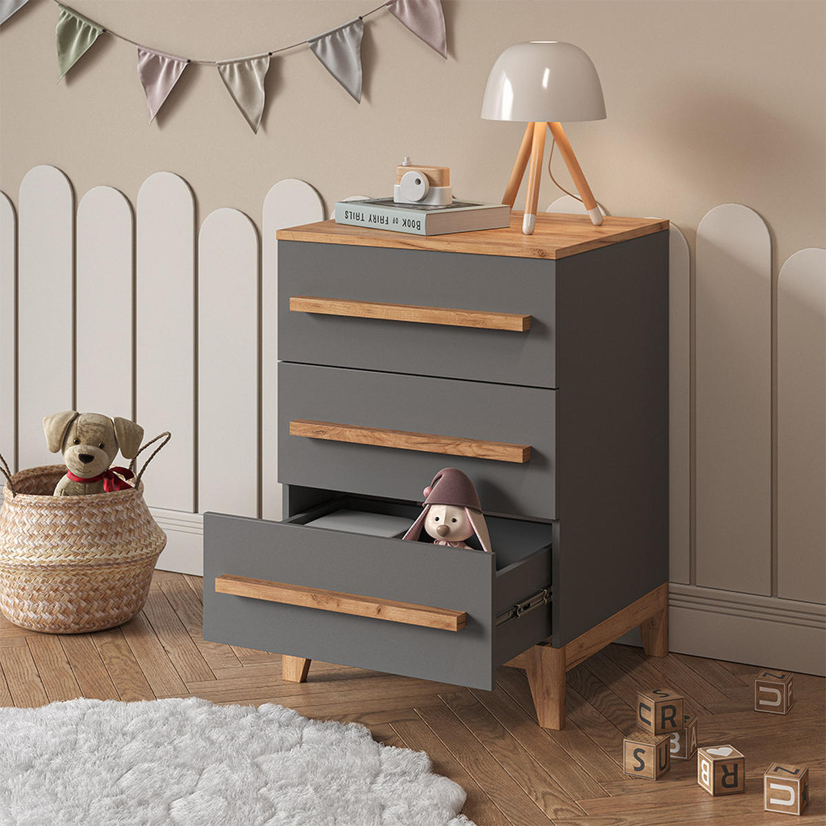 KOMMODE Malia Grau/Artisan 60 x 88 cm mit 3 Schubladen - Hellgrau/Grau, Holzwerkstoff (60/88/53.4cm) - VitaliSpa