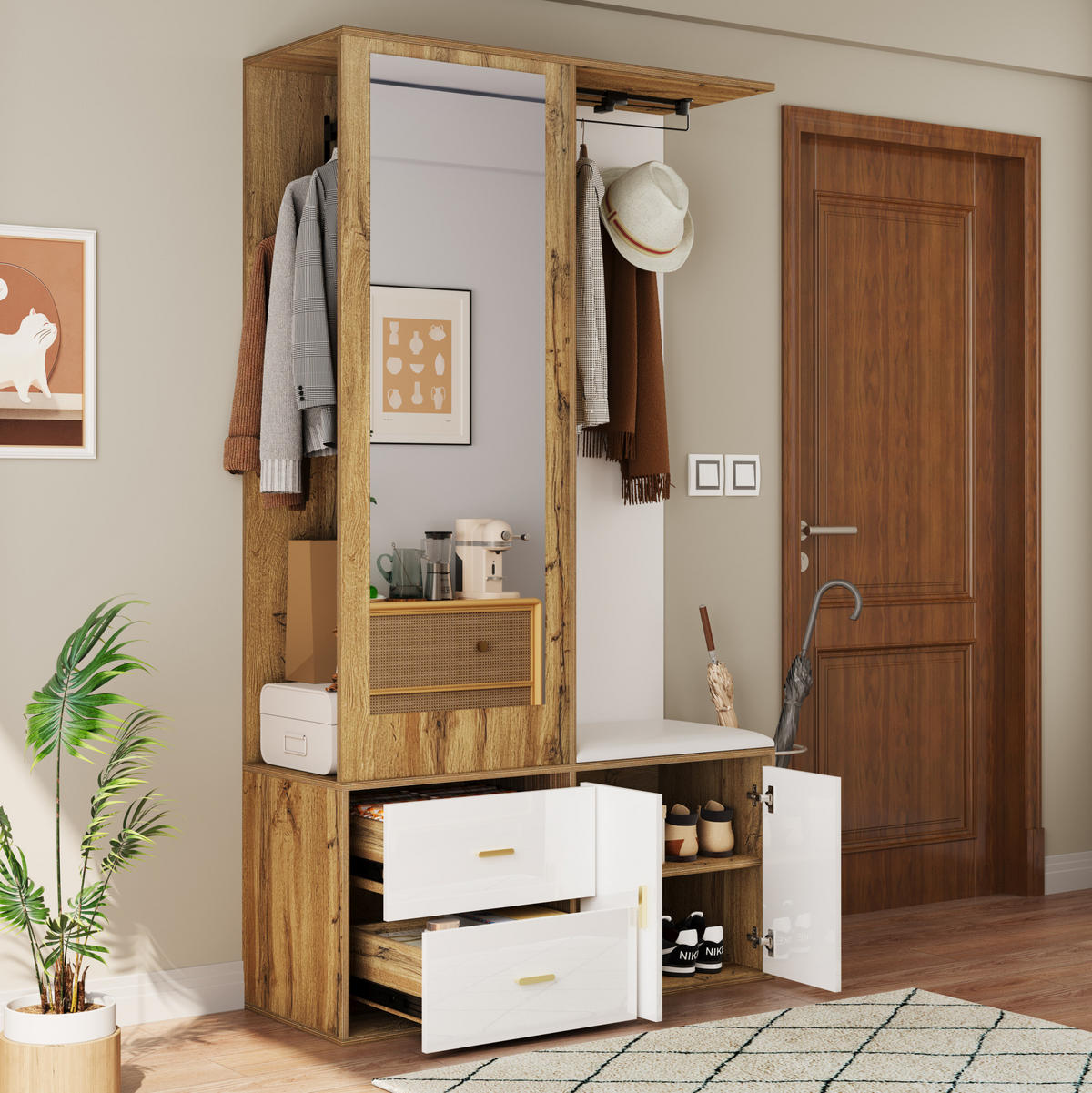 SCHUHSCHRANK aus Spanplatte 100x38x180cm in Weiß & Natur mit Spiegel - Naturfarben, Holzwerkstoff (100/180/38cm) - Modfu