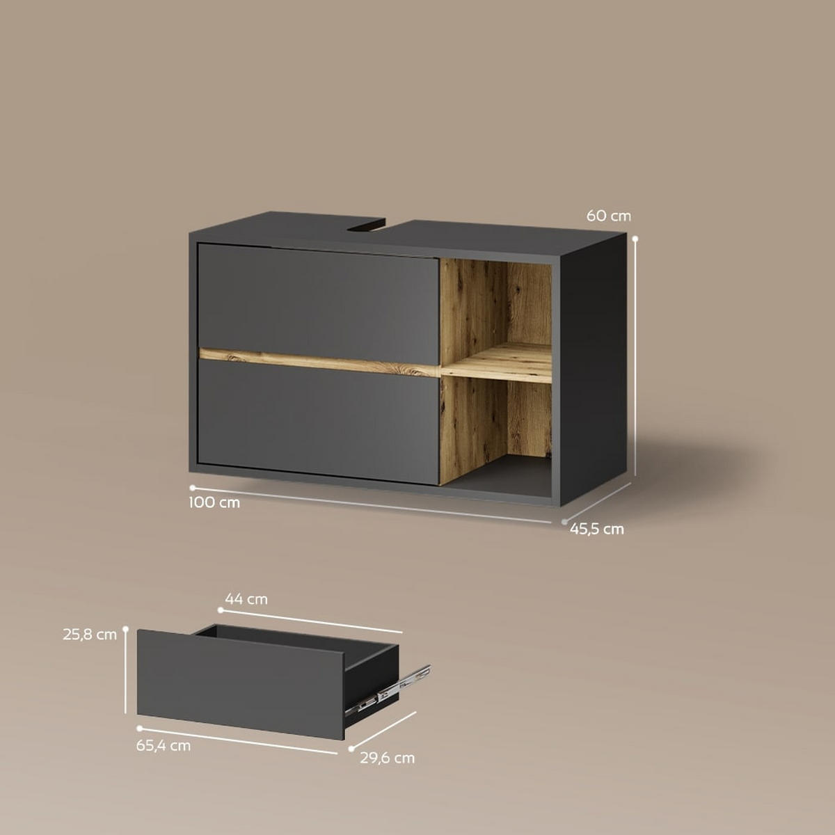 WASCHBECKENUNTERSCHRANK Vomano Anthrazit 100 x 60 cm - Anthrazit/Eiche Artisan, Holzwerkstoff (100/60/45.5cm) - Livinity®