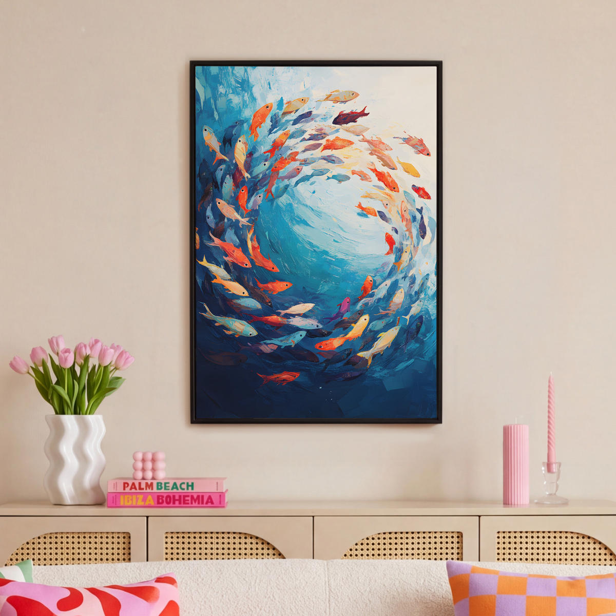 LEINWAND Bilder mit Rahmen - Meer - Fische - Bunt - Dynamisch - 60x90 - Hellblau, Textil (60/90cm) - MuchoWow