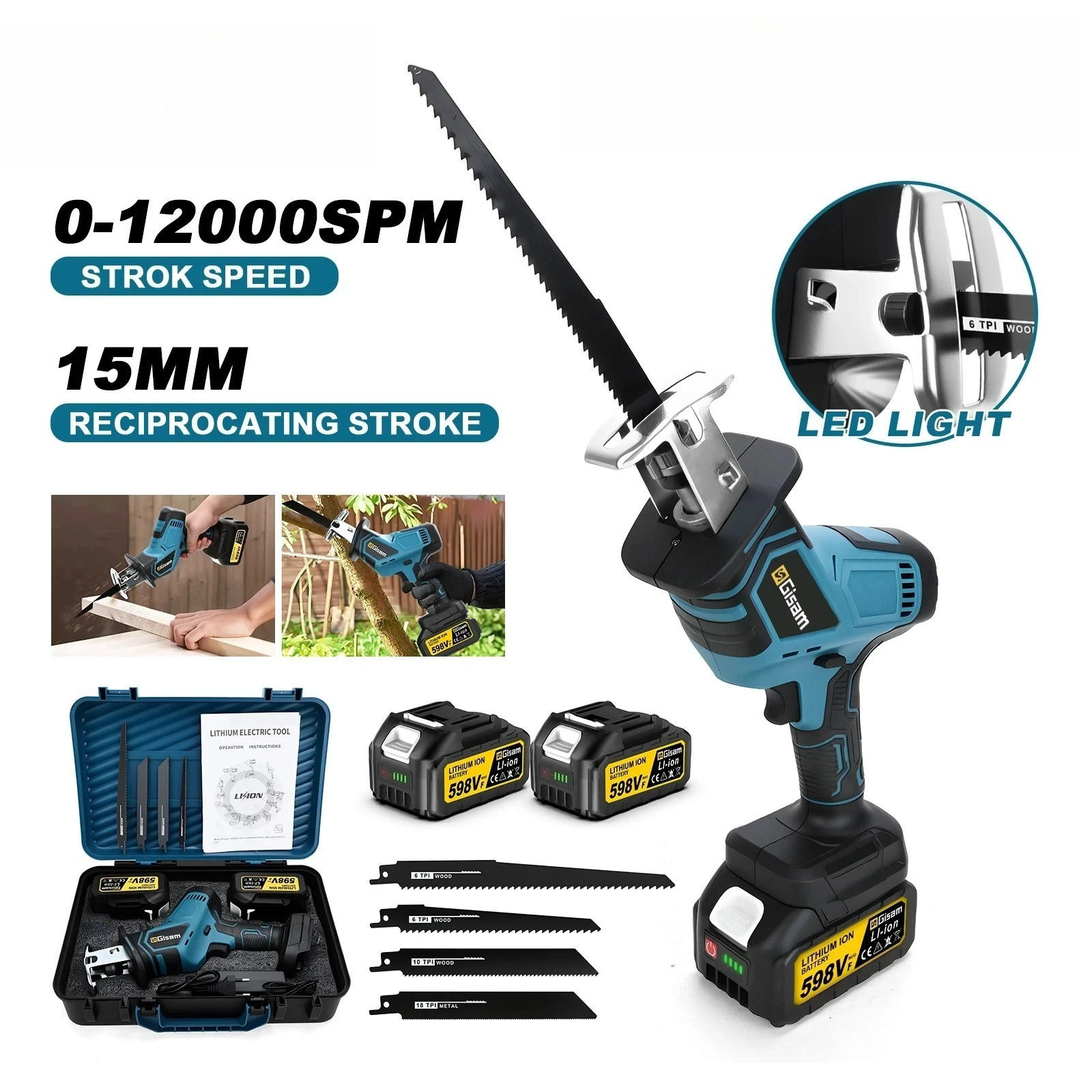 KETTENSÄGE 12.000 U/min bürstenlose 3600 W kabellose, Mit 2 Batterien - Blau, Metall (13/7/42cm) - Coonoor