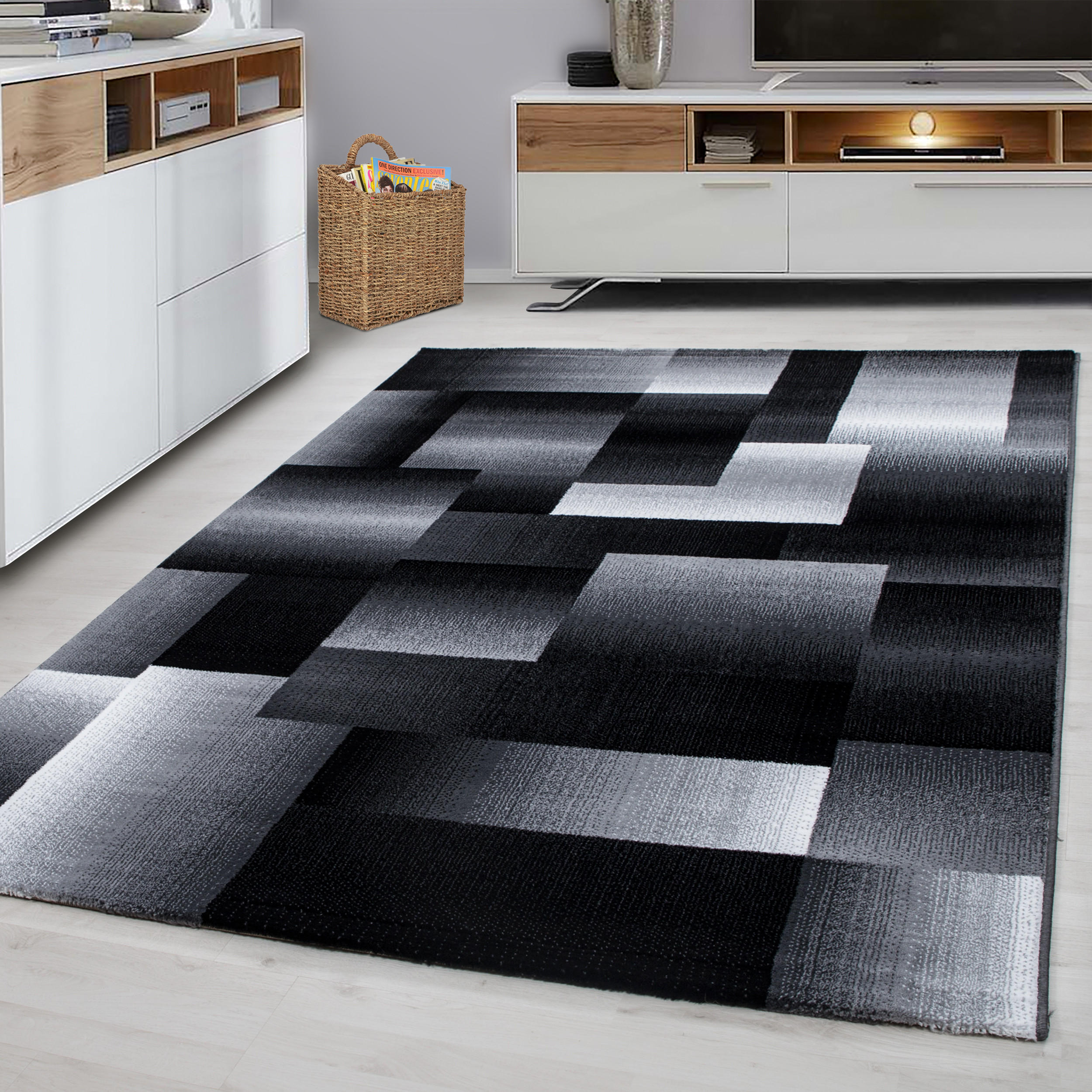 TEPPICH Kurzflor Abstrakt Karo Polypropylen saugroboter Wohnzimmer Schwarz Rechteckig 160x230 - Schwarz, Textil (160/230cm) - KADIMA DESIGN