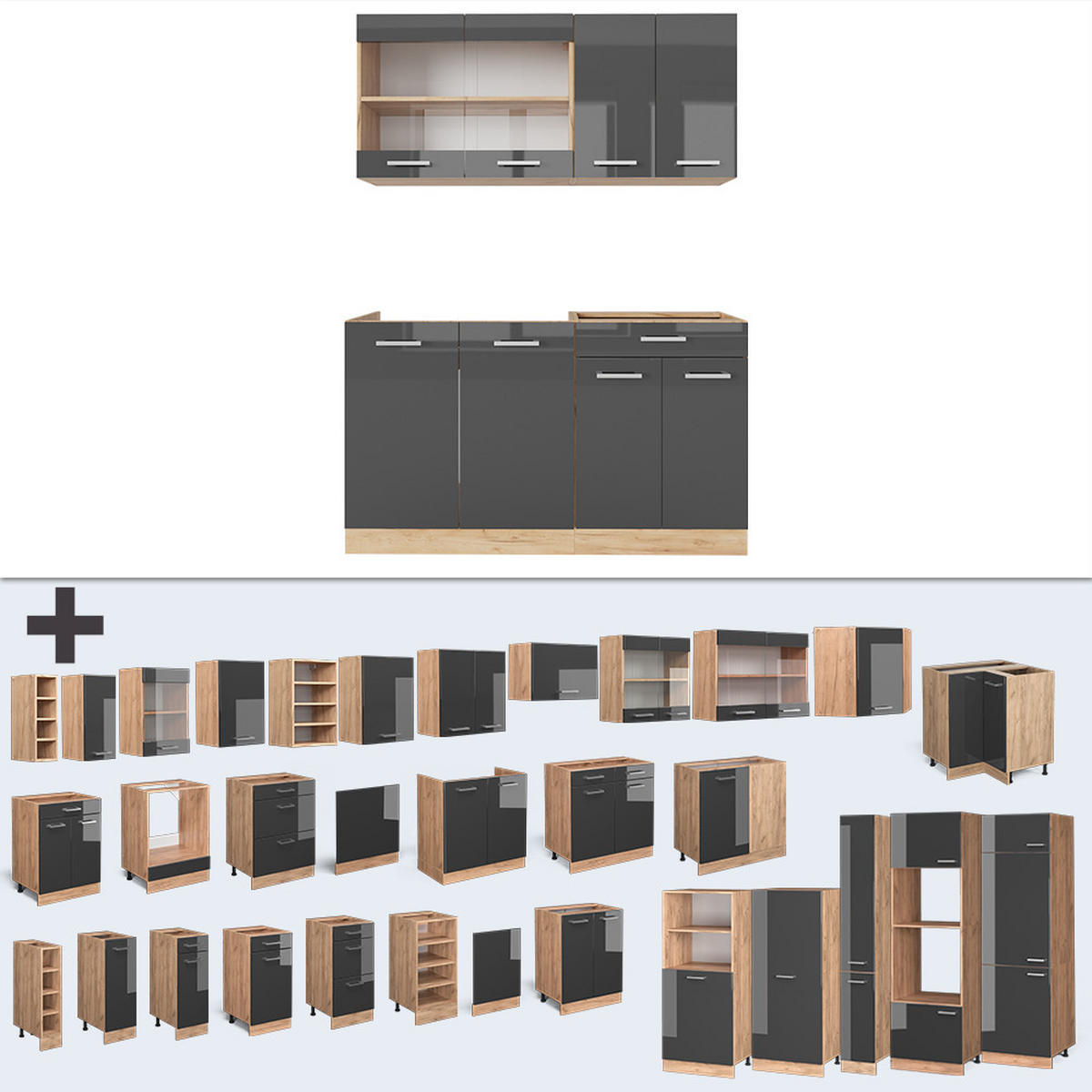 SINGLEKÜCHE R-Line Anthrazit Hochglanz/Goldkraft Eiche 140 cm ohne AP - Anthrazit/Eiche Wotan, Holzwerkstoff (140/81.6/46cm) - Vicco