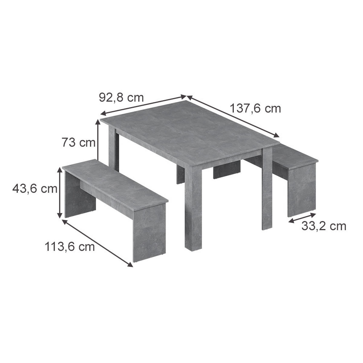 ESSTISCH SET Sentio Beton 137.6 x 92.8 cm mit 2 Bänken - Grau, Holzwerkstoff (137.6/73/92.8cm) - Vicco