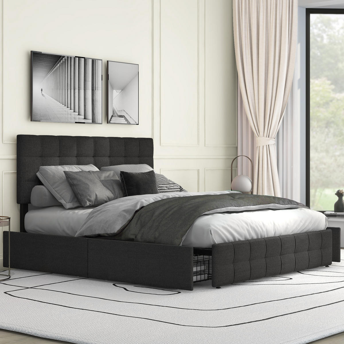 POLSTERBETT mit 4 Schubladen 140x200 cm Leinen Schwarz - Schwarz, Metall (140/200cm) - Meubliv