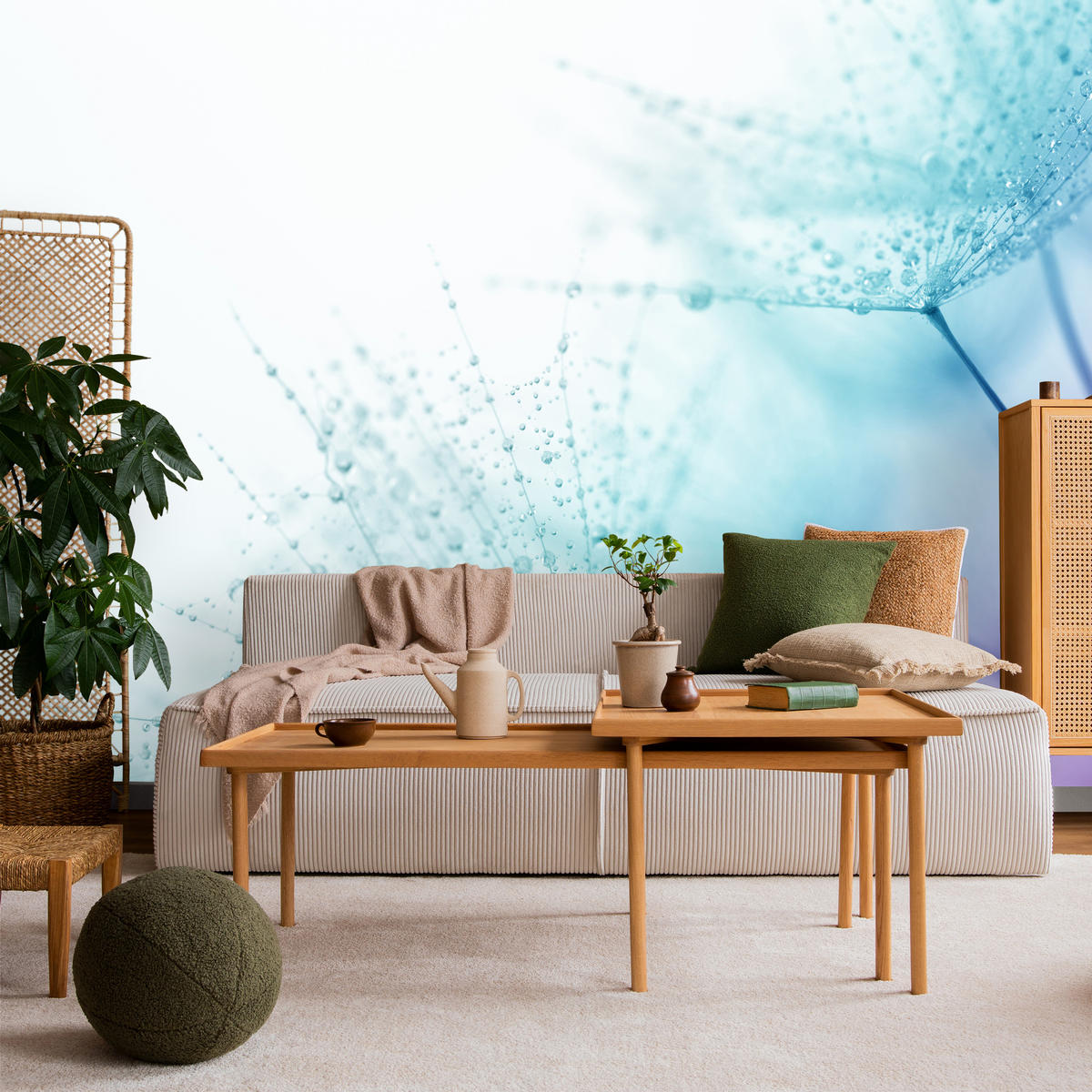 FOTOTAPETE für Badezimmer Leuchtende Löwenzahnblüten Wassertropfen Blau 150x105 - Türkis/Blau, Papier (150/105cm) - Muralo