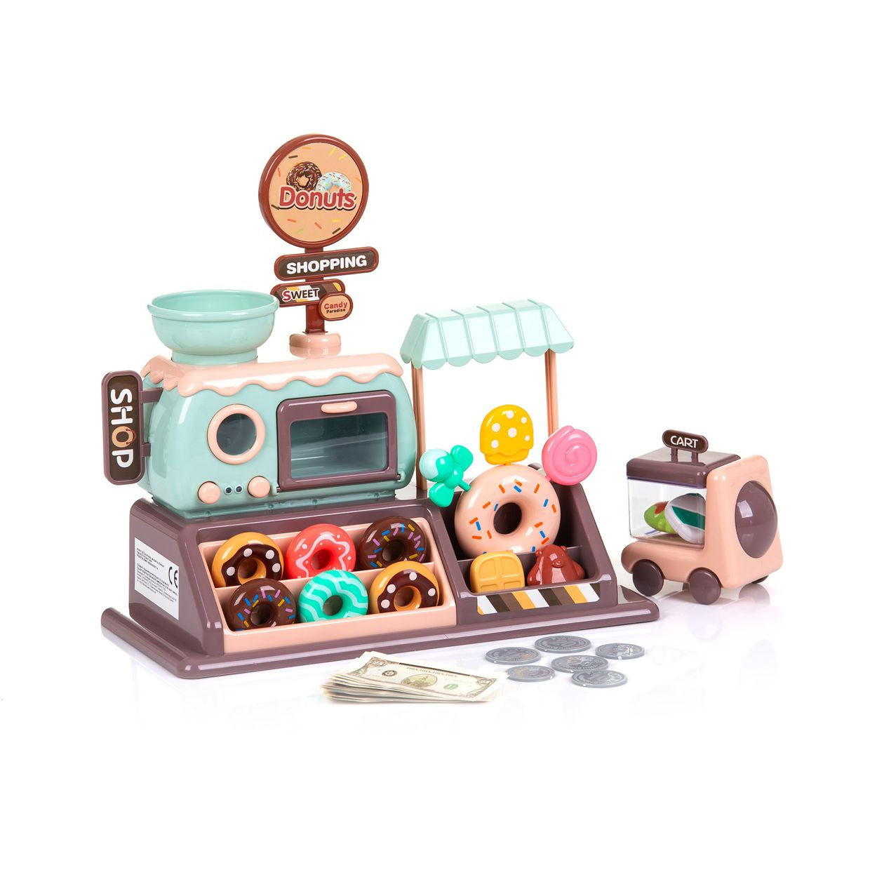 KAUFLADEN Donut Shop 34-teilig braun Donut-Shop, Mini-Ofen, Licht, Donuts, Kekse, Lutscher, Spielgeld - Braun, Kunststoff (14/27/30cm) - Chipolino