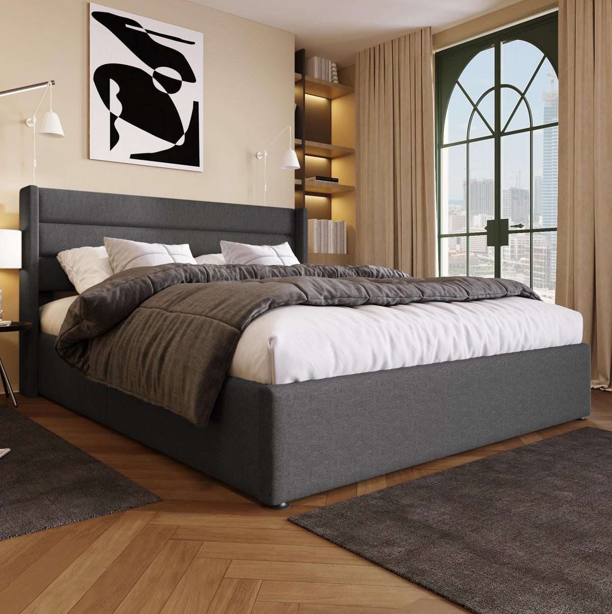 POLSTERBETT mit Bettkasten 140/200 cm in Grau mit gepolstertem Kopfteil - Grau, Textil (140/200cm) - BEAOK