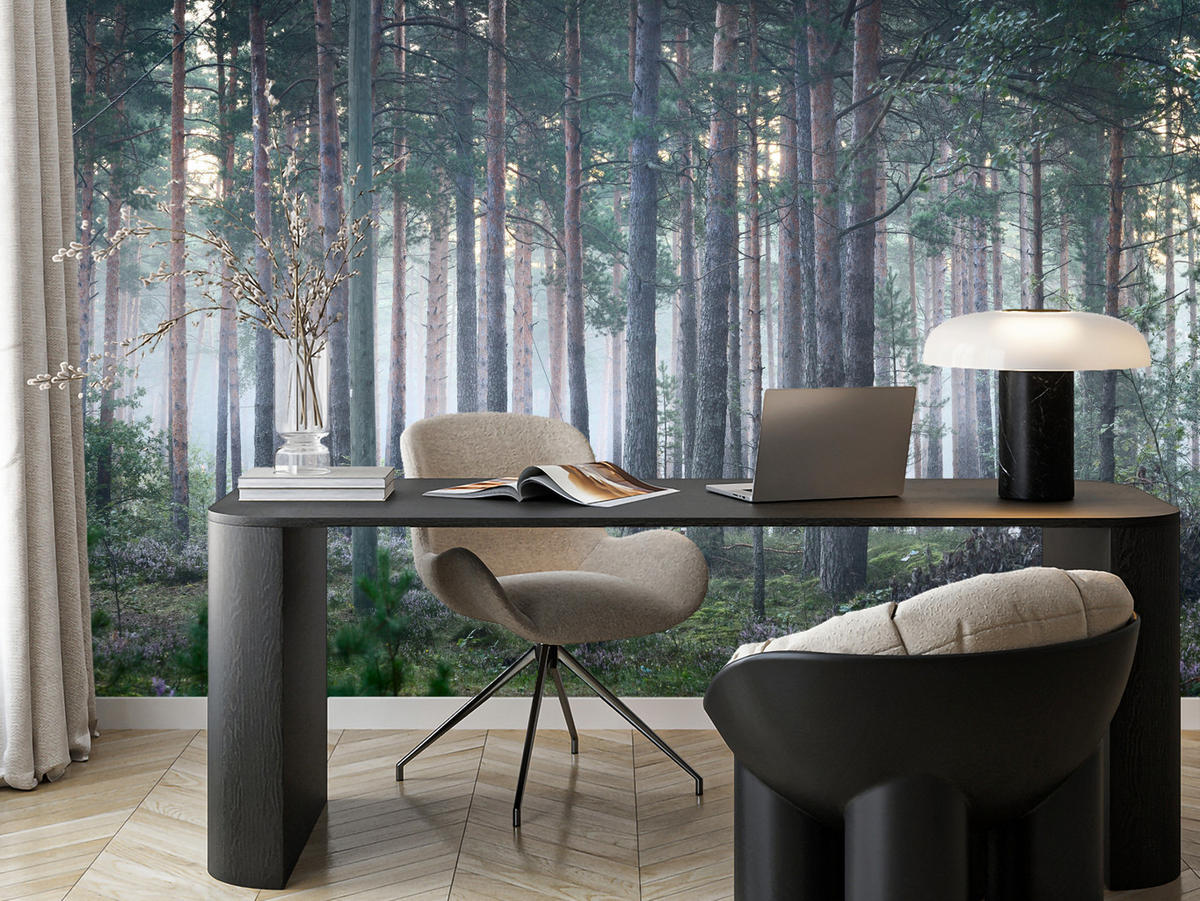 FOTOTAPETE für Wohnzimmer Nebelwald mit Bäumen Moos Grün 300x210 - Grau/Grün, Papier (300/210cm) - Muralo