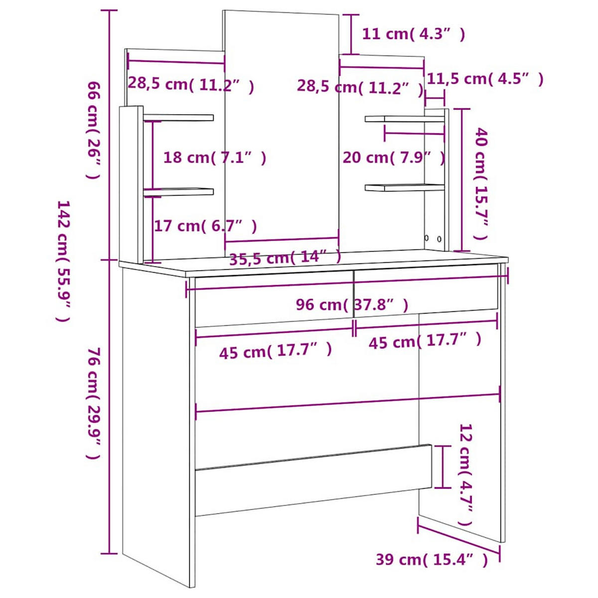 SCHMINKTISCH mit Spiegel und Schubladen, 96/39/142 cm, aus Holzwerkstoff, in Weiß - Weiß, Holz (96/142/39cm) - vidaXL