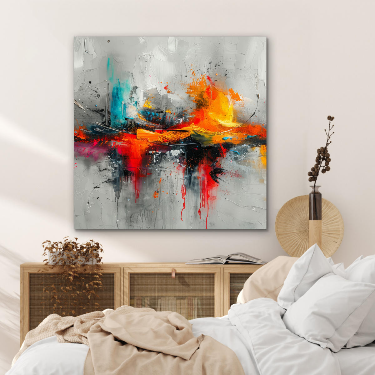 KOVOVÝ OBRAZ Moderné umenie - Oranžová - Sivá - Abstraktné 90x90 cm - svetlosivá, kov (90/90cm) - MuchoWow
