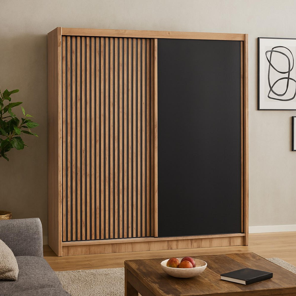 SCHWEBETÜRENSCHRANK Leroy mit 2 Türen und Lamellen, 203 cm, Schwarz+eiche Wotan - Eiche Wotan/Schwarz, Holzwerkstoff (203/215/60.5cm) - Beautysofa