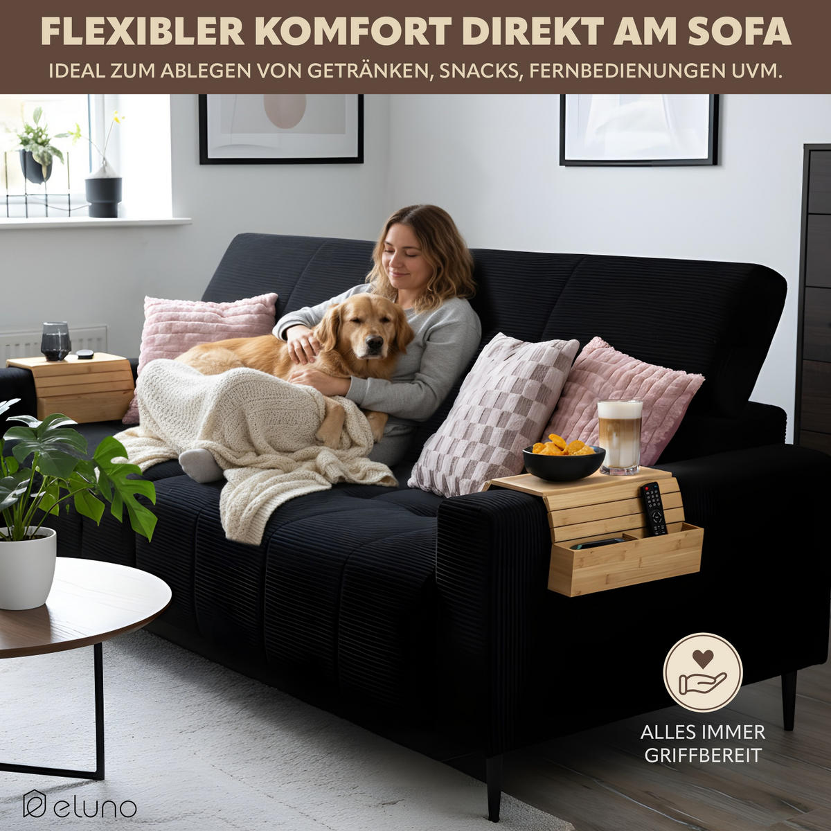 ARMLEHNEN-SOFATABLETT mit seitlichen Fächern, rutschfeste Korkablage, Bambus - Naturfarben, Naturmaterialien (47/6/34cm) - eluno