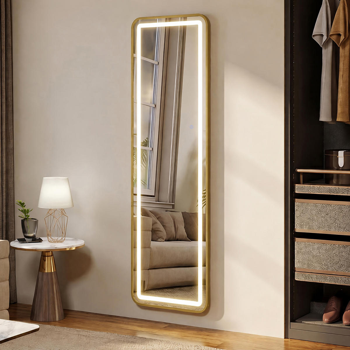 WANDSPIEGEL LED 150 x 40 cm aus Sicherheitsglas, abgerundete rechteckige Form, gold - Goldfarben, Metall (40/150/3cm)