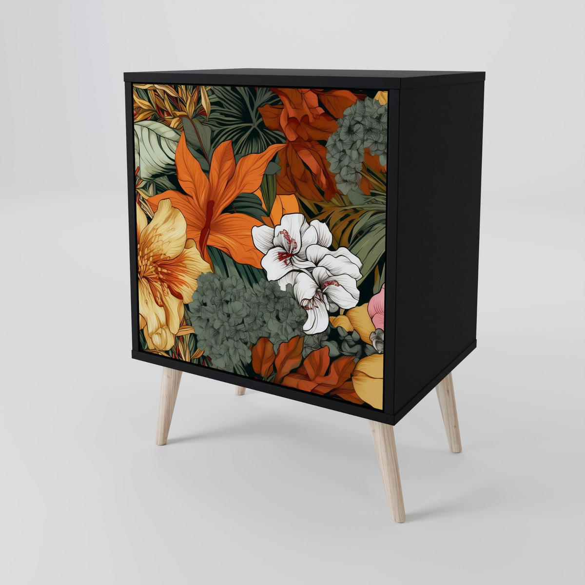 SIDEBOARD RADIANT FLORA, Schwarz, 57,5x42x67,5 cm, Schwarze Metall-Rahmenfüße - Multicolor/Schwarz, Holzwerkstoff/Metall (57.5/67.5/42cm) - SpaceRebels