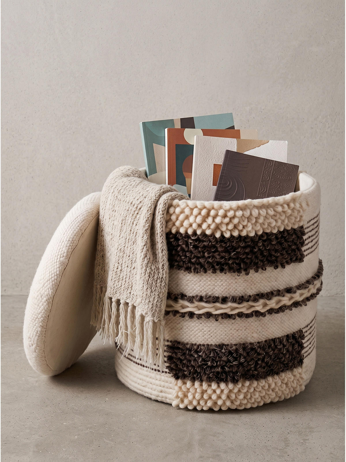 SITZHOCKER RHONE, Stoff, mit Textilbezug, mit Stauraum, Beige-Braun, Ø 40 x 45 cm - Beige/Creme, Textil (40/45/40cm) - KADIMA DESIGN