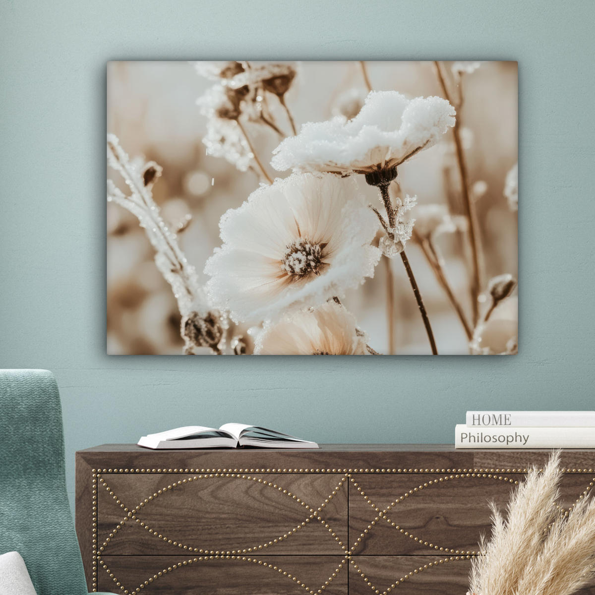 LEINWANDBILD Blumen - Winter - Weiß - Schnee - Beige Wandbilder 80x60 cm - Creme, Textil (80/60cm) - MuchoWow