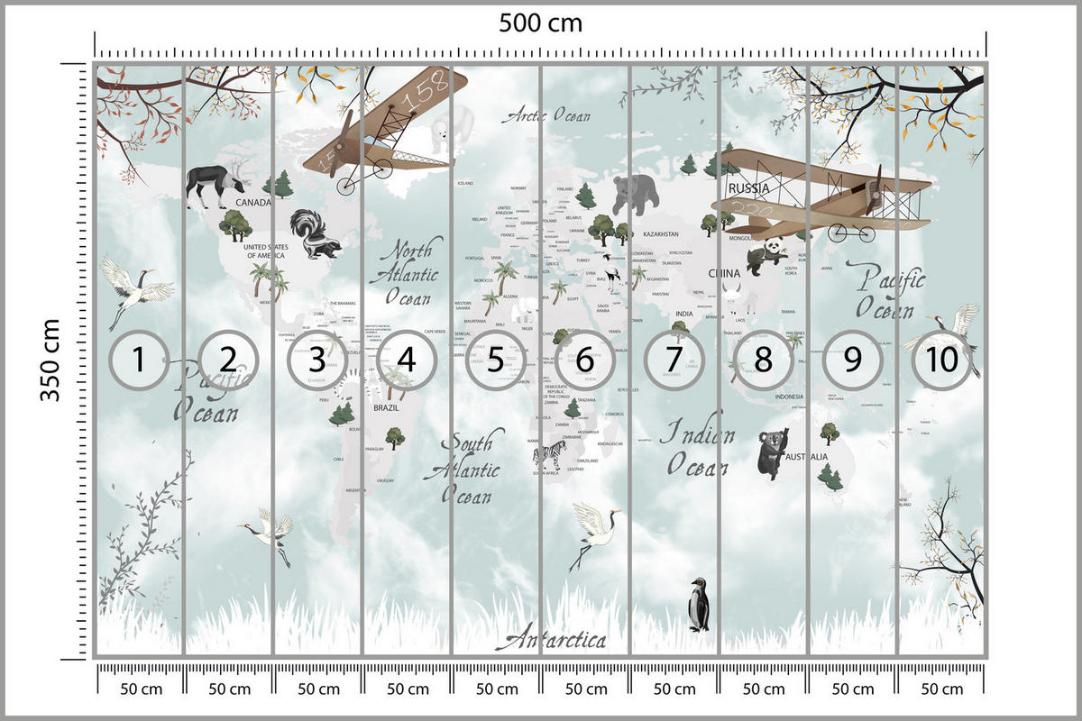 FOTOTAPETE für Kinderzimmer Weltkarte Tiere Flugzeuge Pflanzen 500x350 - Blau/Beige, Papier (500/350cm) - Muralo
