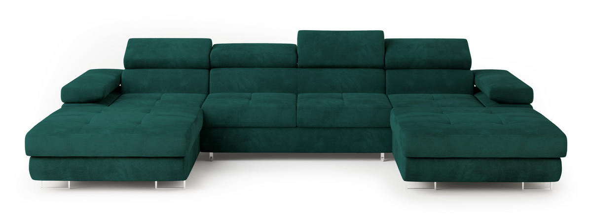 WOHNLANDSCHAFT LYKKE Grün Velours-Stoff mit Schlaffunktion - Grün, Holz (353/90/202cm) - MASSENO