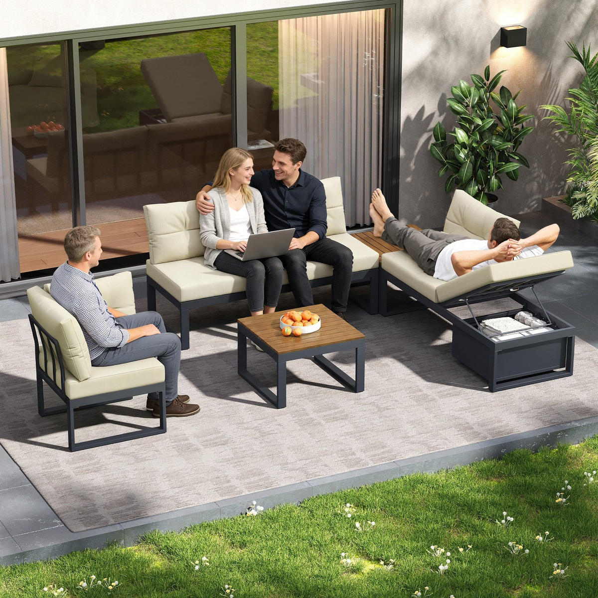LOUNGEGARNITUR, Gartenlounge-Set, L-/U-Form Gartenmöbel Set,Beige - Beige, Metall - LVHOM