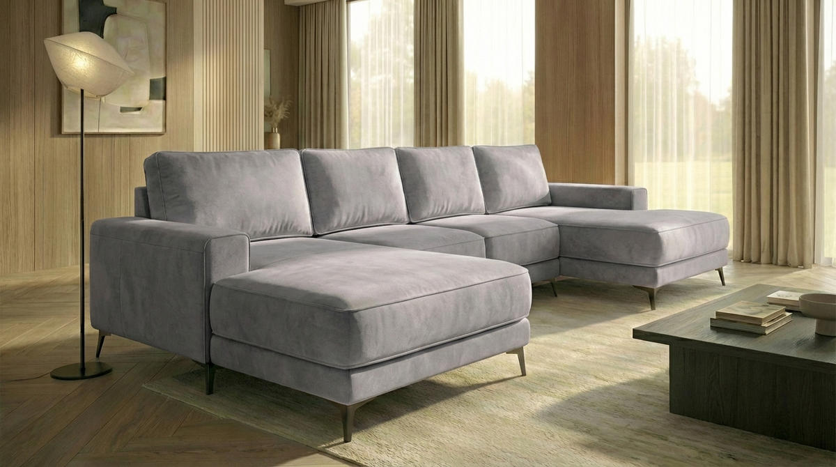 ECKSOFA VALTOR 320 cm x 185 cm – Stoff: VELUTTO Silber 15 Farbe: Grau - Grau, Textil (320/185cm) - A&J MöbelLand