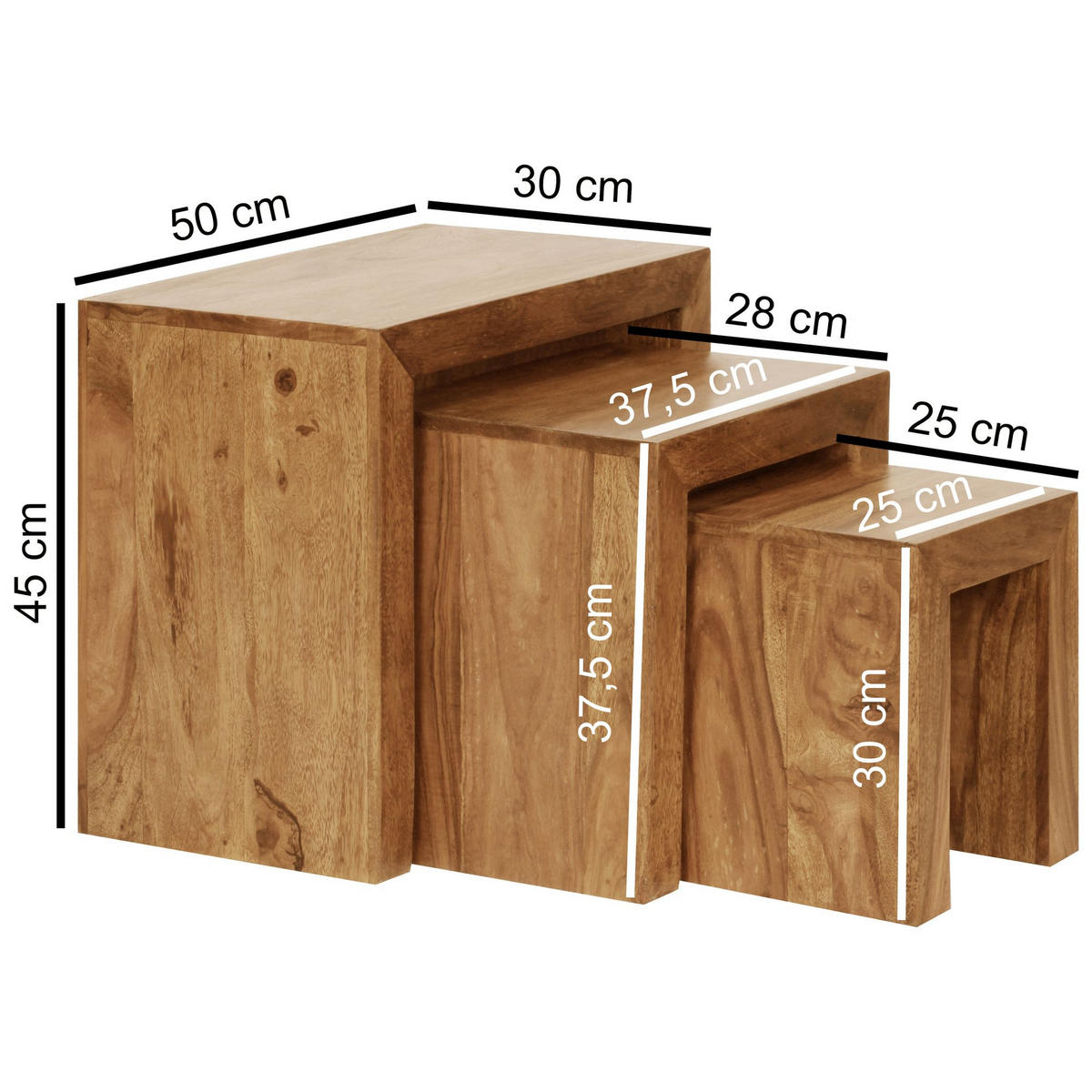 BEISTELLTISCH 3er Set Massivholz Platzsparend Handgefertigt, Beige 50x30x50 cm - Beige, Holz (30/50/50cm) - KADIMA DESIGN