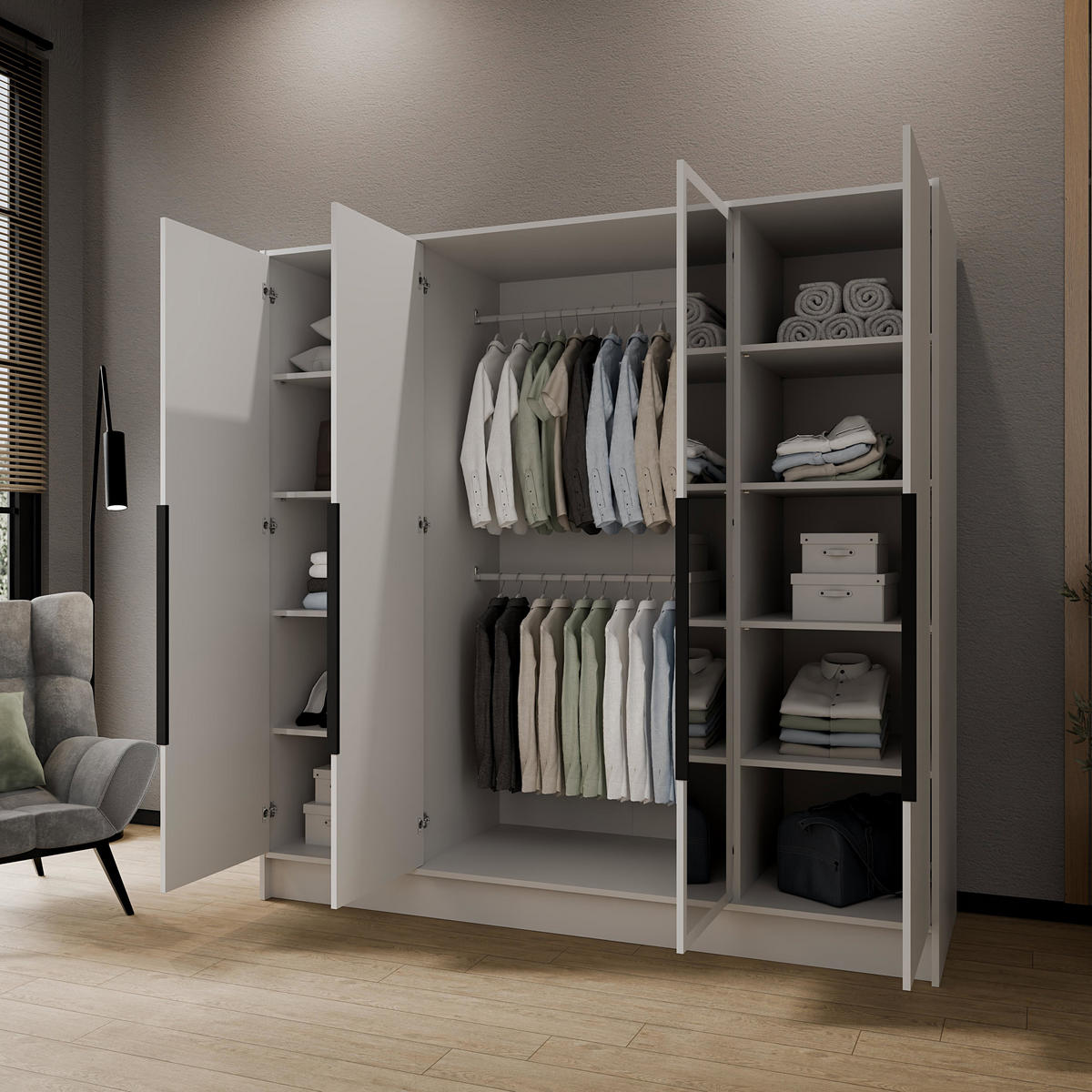 KLEIDERSCHRANK Mono Lux mit Speigel, Drehtüren mit Schwarze Metallgriffe, Weiß 200/200/51 cm - Schwarz/Weiß, Holzwerkstoff (200/200/51cm) - WFL GROUP