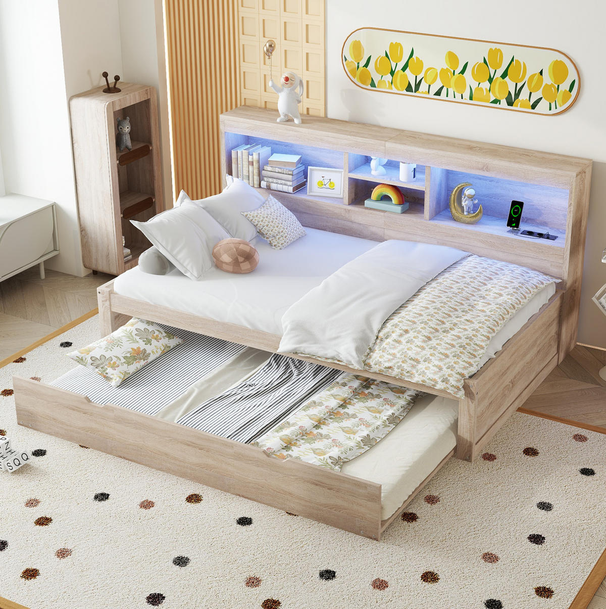 MULTIFUNKTIONSBETT 90/200 cm Natur mit LED-Beleuchtung und Steckdose USB-Anschlüssen - Naturfarben, Holzwerkstoff (90/200cm) - OKWISH