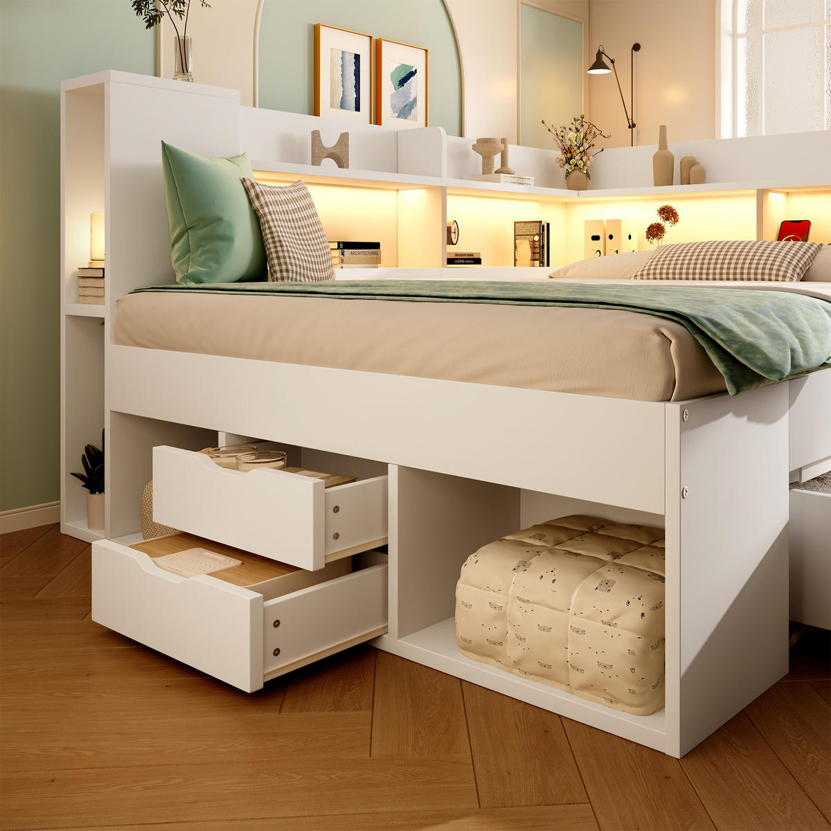 POLSTERBETT 140/200 cm mit LED-Beleuchtung, USB- und Typ-C-Anschluss, Stauraum und Lattenrost, Holzwerkstoff, Weiß - Weiß, Textil (140/200cm) - Redom