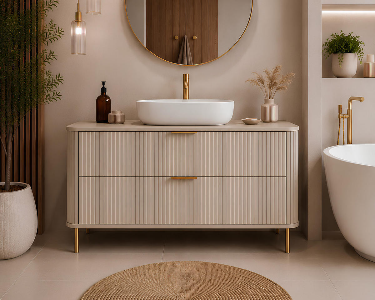 BADEZIMMERSCHRANK : Farbe Kaschmir, Griff gold, Füße gold, 120 x 41,5 x 66,7 cm - Kaschmir/Goldfarben, Holzwerkstoff (120/66.7/41.5cm) - 3XE LIVING