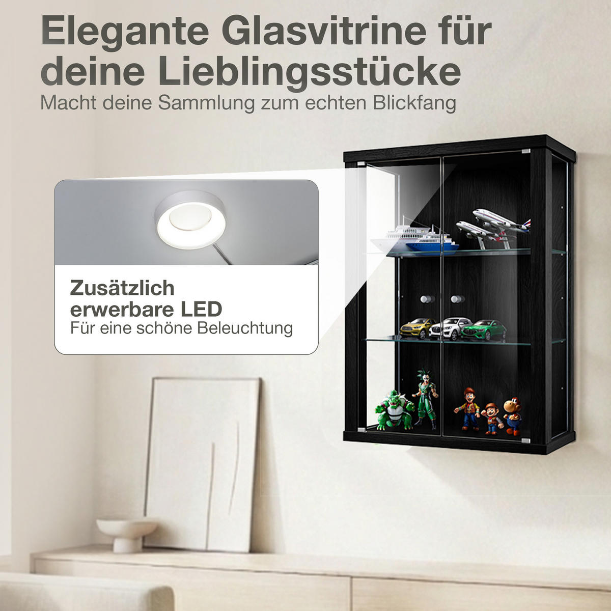 HÄNGEVITRINE 25/60/80 cm mit 2 höhenverstellbaren Glasböden - Transparent/Silberfarben, Glas/Holzwerkstoff (60/80/25cm) - K-Möbel