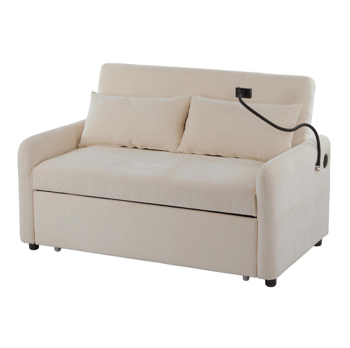 SOFA od chenille tkanine, 129/163/81 cm bež, na razvlačenje s USB-om - bež, tekstil (129/81/76cm) - BEAOK