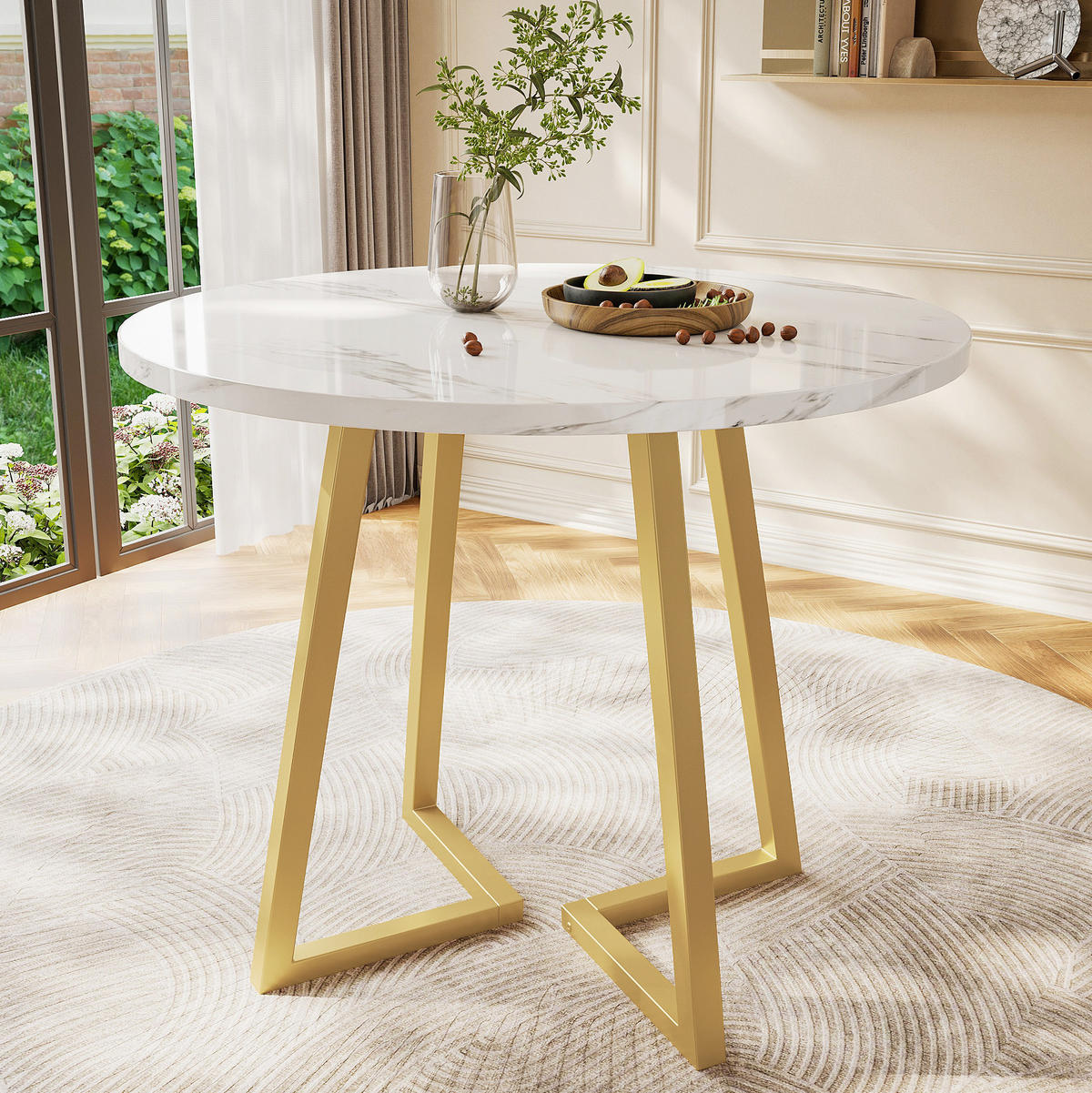 ESSTISCH 80/75 cm in Weiß mit Marmormuster und Metallgestell - Weiß, Holzwerkstoff (80/80/75cm) - Flora Grace