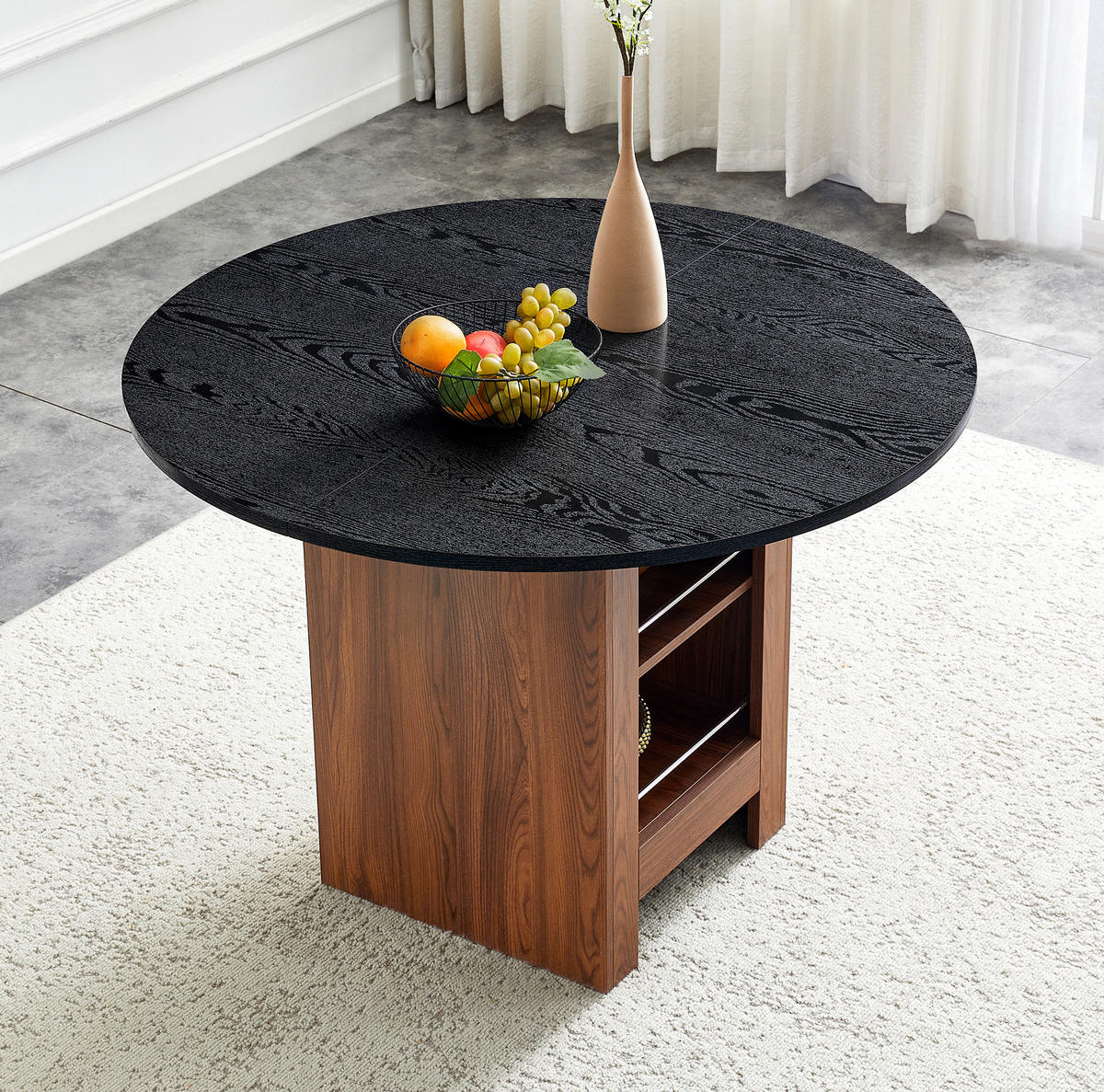 STÔL jedálenský okrúhly, 100 cm čierna/walnut, MDF s úložným priestorom - čierna, kompozitné drevo (100/100/76cm) - BEAOK