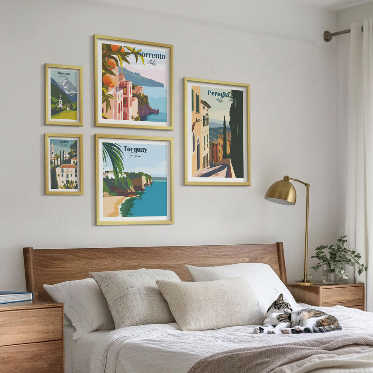 BILDER SET 5er Set - 50x50 cm & 20x30 cm & 40x60 cm Goldrahmen - Ansichten europäischer Häfen - Goldfarben, Kunststoff (40/60cm) - TULUP