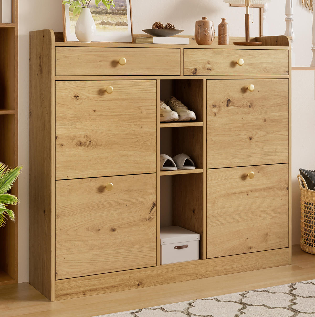 SCHUHSCHRANK 110/26/100 cm mit 4 Klapptüren, 2 Schubladen und 3 offenen Fächern, Natur - Naturfarben, Holzwerkstoff (110/100/26cm) - Redom
