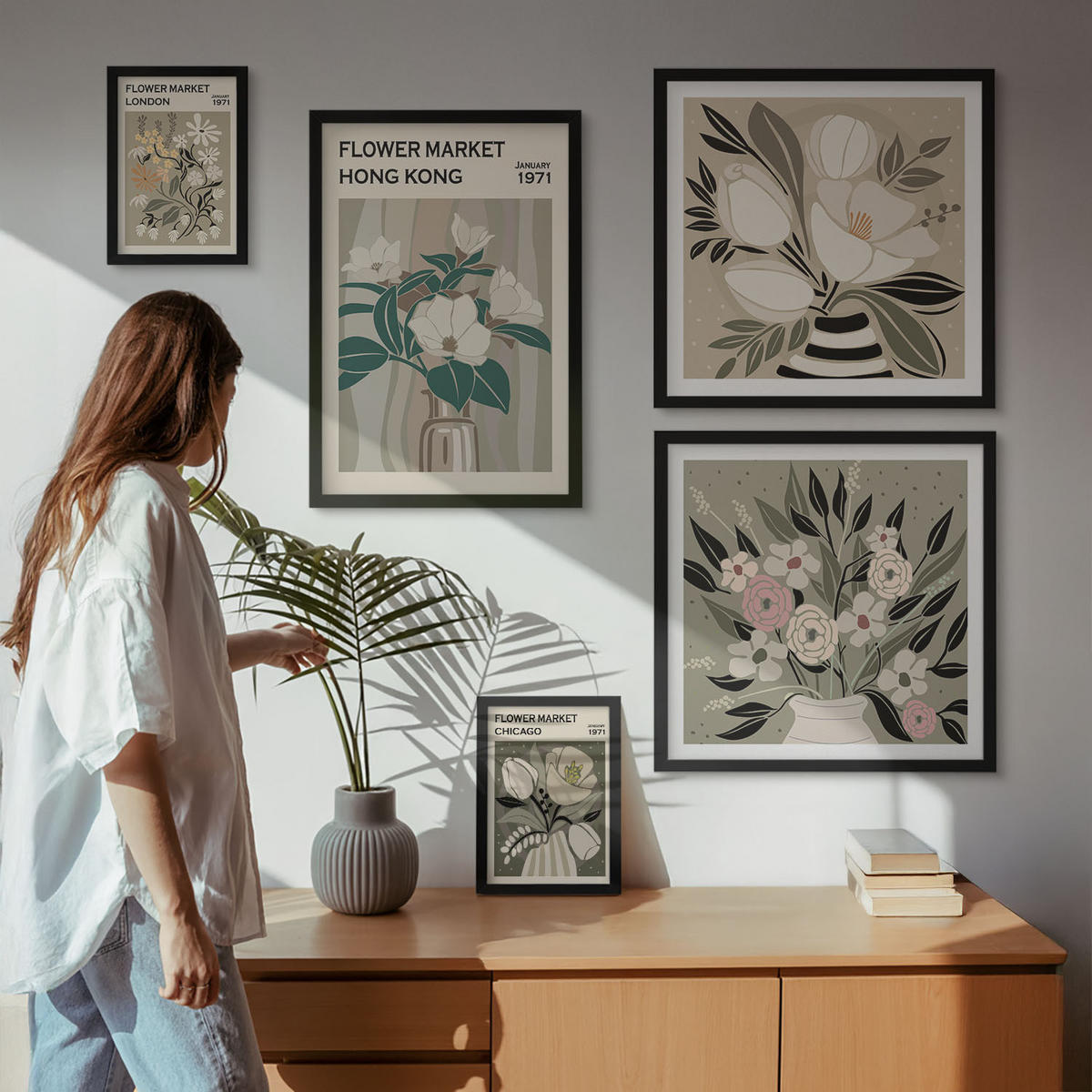 BILDER SET 5er Set - 50x50 cm & 20x30 cm & 40x60 cm Schwarzer Rahmen - Blumenillustrationen London Hongkong - Schwarz, Kunststoff (40/60cm) - TULUP